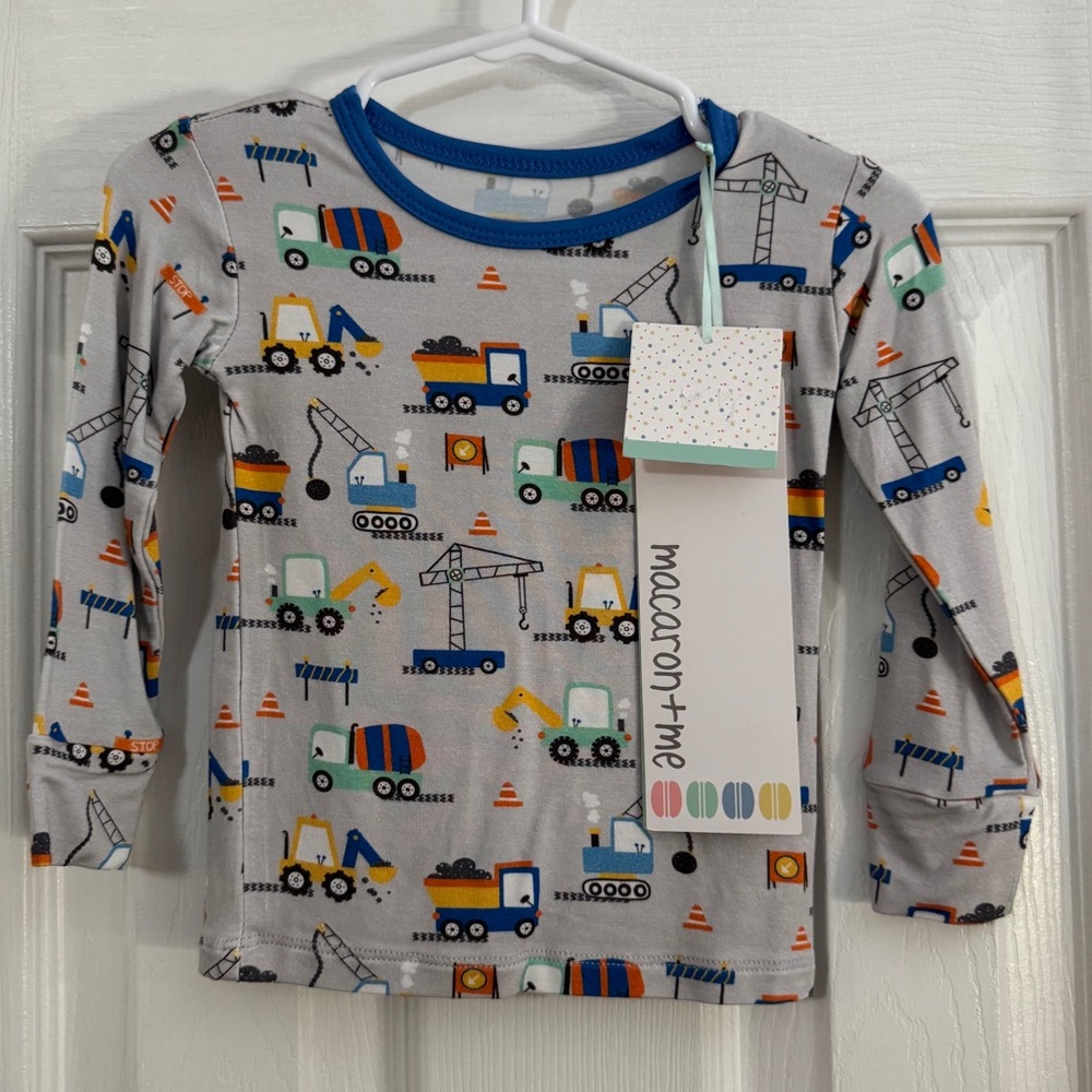 NWT Macaron and Me Bamboo Pajama Top Only Gray Long Sleeve Construction Trucks